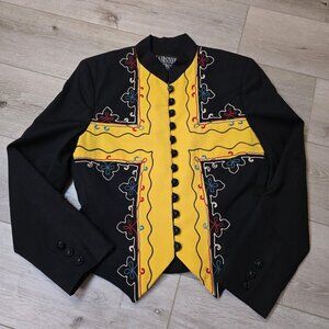 Vtg Hairston Roberson Black Yellow Wool Floral Embroidery Jacket Blazer Sz 4